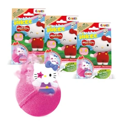 Abbildung von INKEE Hello Kitty 3er Pack Badebomben Kinder mit Überraschung 3 von 6 Figuren zum Sammeln 3x Badekugeln 80g Wassermelone Aroma und Jojobaöl, Rosa oder Rot