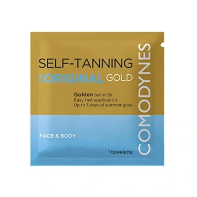 Abbildung von Comodynes Selbstbräunungstücher Gold Finish, Natürliche und lang anhaltende Bräune auf Gesicht, Hals Dekolleté, Einfache Anwendung feuchtigkeitsspendende Formel 8 Tücher