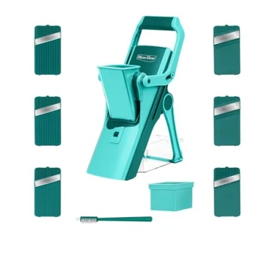 Abbildung von Genius Nicer Dicer Mando Gemüseschneider 12 tlg., Gemüsehobel manuell mit Aufbewahrungsbox 6 Einsätze Salatschneider für Scheiben Julienne, Mandoline einfacher Reininung Pinsel