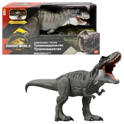 Abbildung von MattelJurassic World: Die Wiedergeburt Riesendino Tyrannosaurus Rex Actionfigur, T Dinosaurierspielzeug mit 2 Angriffsbewegungen, filmgetreues und bewegliches Design, JGB52