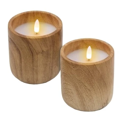 Abbildung von Spetebo LED Kerze im Keramik Becher mit Holz Optik 10 x 9 cm 2er Set Dekokerze Batterie betrieben Timer Funktion Deko Stimmungslicht künstliche Flamme Flacker Effekt für Innen
