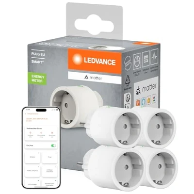 Abbildung von LEDVANCE SMART+ Indoor Plug, Smarte Steckdose mit Matter over WiFi, zur Einbindung konventioneller Geräte ins Smart Home, kompatibel Alexa, Google &amp; Apple, misst&amp;spart Stromverbrauch, weiss,4 Pack