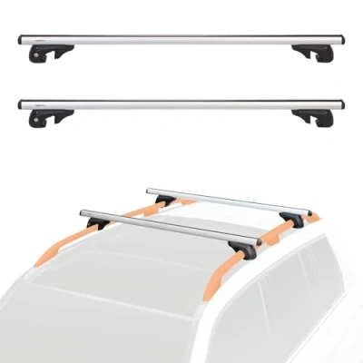 Abbildung von Amazon Basics Dachträger mit Querträger, 132 cm, für Spannweiten von bis zu 117 cm zwischen erhöhten Seitenschienen Spalt, 2er Pack, Schwarz/Silber