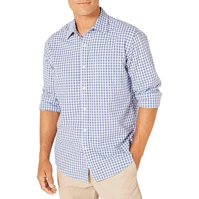 Abbildung von Amazon Essentials Herren Lässiges langärmeliges Popeline Hemd Normale Passform, Blau Weiß Kariert, XL