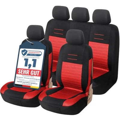 Abbildung von Upgrade4cars Auto Sitzbezüge Set Universal Schonbezüge für die Vordersitze &amp; Rückbank Sitzbezug Schwarz Rot