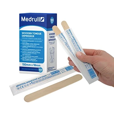 Abbildung von Medrull Holzmundspatel 100 Stück, 1.8cm x 15cm Einzeln verpackt in Papierbeutel zum Auftragen von Salben oder Wachsen für medizinische Zwecke den Mund und Rachenraum zu untersuchen