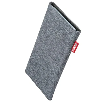 Abbildung von fitBAG Jive Grau Handytasche für Apple iPhone 15 Pro Tasche aus Textil Stoff mit Microfaserinnenfutter Hülle Reinigungsfunktion Made in Germany