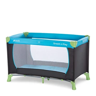 Abbildung von hauck Kinderreisebett Dream N Play ab Geburt bis 15 kg, Klein Zusammenklappbar inkl. Tragetasche und Faltboden, Liegefläche 120 x 60 cm (Water Blue)