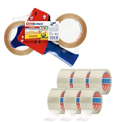 Abbildung von tesa Paketband Abroller und tesapack Paketbänder im Set 2 x hochwertiges Packband inklusive 1 Transparent 66 m 50 mm (Promopack + 6 Ersatzrollen)