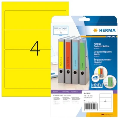 Abbildung von HERMA 5096 Ordnerrücken Etiketten kurz breit, 20 Blatt, 192 x 61 mm, 4 pro A4 Bogen, 80 Stück, selbstklebend, bedruckbar, blickdicht, blanko Papier Ordneretiketten Rückenschilder Aufkleber, gelb