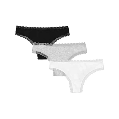 Abbildung von Snocks Tanga Damen mit Spitze aus Bio Baumwolle 3er Pack String Klassisches Design Angenehmes Tragegefühl ohne Einschneiden Unsichtbare Unterwäsche Weiß/Hellgau/Schwarz S