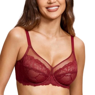 Abbildung von DOBREVA Damen Spitzen Minimizer BH mit Bügel Große Brüste Sexy Vollschalen Ungefüttert Chinesisches Rot 85C