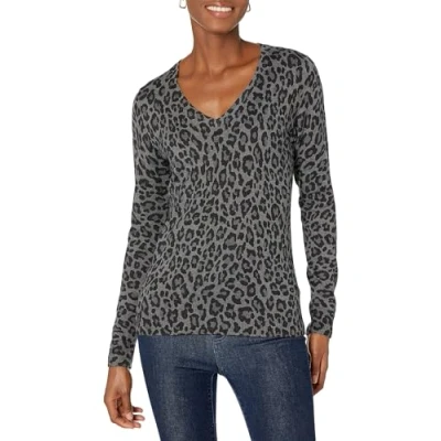 Abbildung von Amazon Essentials Damen Leichter, Langärmeliger Pullover Mit V Ausschnitt, Klassischer Schnitt (Erhältlich In Übergröße), Grau Meliert Leopardenmuster, M