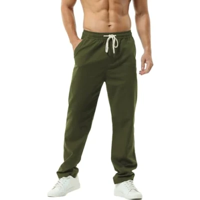 Abbildung von HOEREV Men Casual Strandhosen Leinen Hose Gr. S (Taille 30 32 zoll), Grün