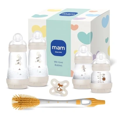 Abbildung von MAM Easy Start Anti Colic Neugeborenen Set 0+ Mon Babyflaschen 94% Akzeptanz 96% Hebammen Empfehlung 80% weniger Koliken 4 Trinkflaschen, 1 Original Schnuller &amp; Soft Brush beige