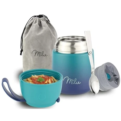 Abbildung von Milu® Thermobehälter 450 ml Edelstahl Warmhaltebehälter Essensbehälter Speisegefäß Babynahrung Essen warmhalten Behälter Thermo Lunchbox Müsli to go Grün Blau, 450ml