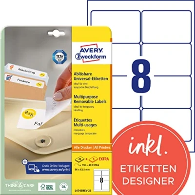 Abbildung von AVERY Zweckform L4745REV 25 Universal Etiketten (200 plus 40 Klebeetiketten extra, 96x63,5mm auf A4, wieder rückstandsfrei ablösbar/abziehbar, bedruckbar, selbstklebende Aufkleber) 30 Blatt, weiß