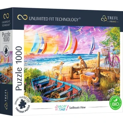 Abbildung von Trefl 10697 1000 Elemente, dickster Karton, Bio, Segelboote, Urlaub, Sommer, Hunde, Sonnenuntergang, Unterhaltung für Erwachsene und Kinder ab 12 Jahren, Puzzle Vacay Time: Sailboats View