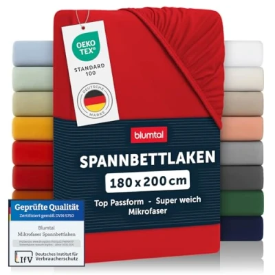 Abbildung von Blumtal® Spannbettlaken 180x200cm aus Microfaser Oekotex zertifiziertes Bettlaken 180x200 Leintuch / Spannbettuch Spannleintuch Laken Rot