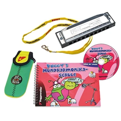 Abbildung von Voggy&#039;s Mundharmonika Set Volt C Dur Neopren Tasche Schule Buch CD (diatonisch, Blue Harp, Richter Modell, Metall), silber / bunt