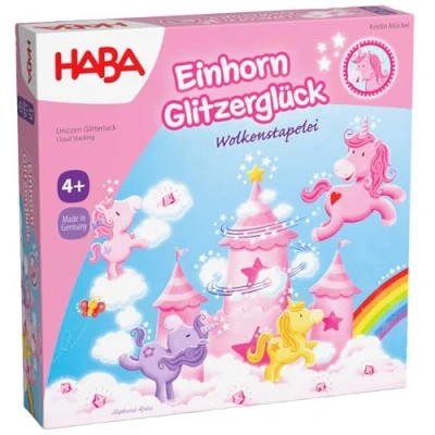 Abbildung von HABA Einhorn Glitzerglück: Wolkenstapelei Stapelspiel für Kinder mit Einhörnern, Holz Wolken &amp; 10 glitzernden Wolkenkristallen, ab 4 Jahren 2012232001