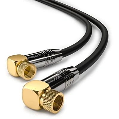Abbildung von deleyCON 1,5m SAT Antennenkabel 4K Ultra HD Full HDTV Satellitenkabel Koaxialkabel 2x Gewinkelt F Stecker (90 Grad) zu Metallstecker Schwarz