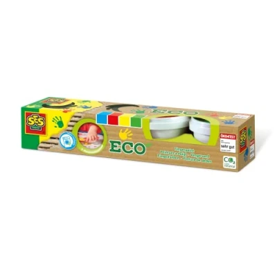 Abbildung von SES Creative 24926 Eco Fingerfarbe 4 Farben x 150ml, aus natürlichen Rohstoffen, Hautfreundlich, Auswaschbar, Recycelte Verpackung, 110 g (4er Pack)