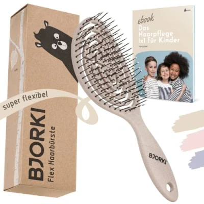 Abbildung von BJORKI® Kinder Haarbürste ohne Ziepen inkl. lehrreichen Bürsten 1x1 Profi Detangler Bürste mit flexibler Spiralfeder, Unsere Entwirrbürste für gegen Knoten und Spliss (Creme)