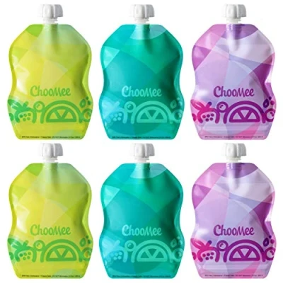 Abbildung von ChooMee SnakPack TropiColor Wiederverwendbare Aufbewahrungsbeutel für Babynahrung, Smoothies und Pürees, sicherer Doppelverschluss Reißverschluss, breiter Boden, BPA frei, 237 ml, 6 CT