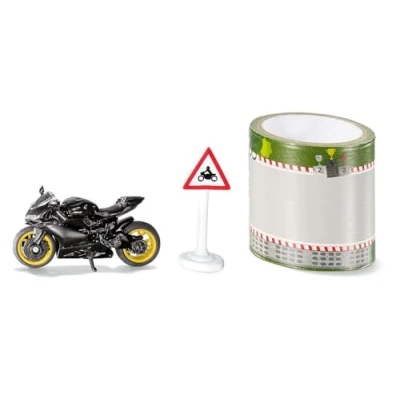 Abbildung von siku 1601, Ducati Panigale 1299 Motorrad mit Tape und Verkehrsschild, Schwarz, Metall/Kunststoff, Bereifung aus Gummi