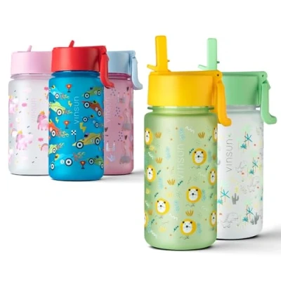 Abbildung von VINSUN Trinkflasche Kinder 500ml Strohhalm Deckel, auslaufsicher, BPA frei, Kohlensäure geeignet, Tritan grüne Wasserflasche mit Löwen für Kindergarten, Schule