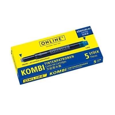 Abbildung von ONLINE Kombi Tintenpatronen, Universal Patronen, kompatibel mit allen gängigen Füllern, auch Lamy Füller, Ersatz löschbar, auswaschbar, Schachtel 5 Großraum Farbe: Königsblau