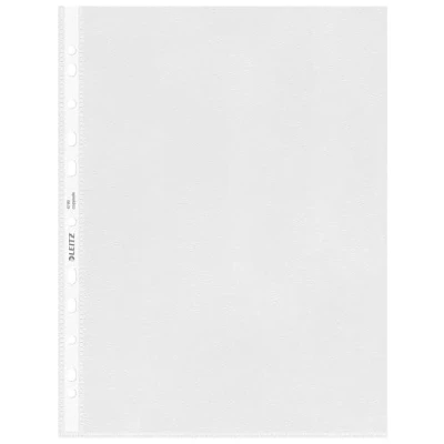Abbildung von Leitz Standard Prospekthüllen Set A4, 100 Stück durchsichtige, gelochte Taschen, 30% Pre Consumer Recycling Kunststoff, 100% recycelbar, Kunststofftaschen mit Öffnung von oben, 85 Micron, 47900000