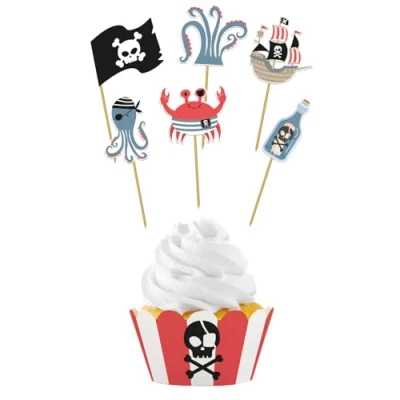 Abbildung von Folat 27482 Piraten Deko Kinder Geburtstag Cupcake Set Pirate Party 6 Sets Partygeschirr für Piratenparty Mädchen Junge