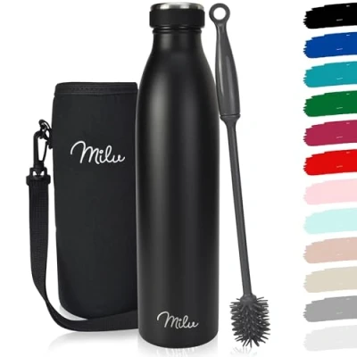 Abbildung von Milu Thermoflasche 350ml 500ml 750ml 1L 1,5L Isolierte Edelstahl Trinkflasche Thermoskanne Auslaufsichere Isolierflasche doppelwandig für heiße und kalte Getränke, Kohlensäure geeignet (Schwarz, 1L)