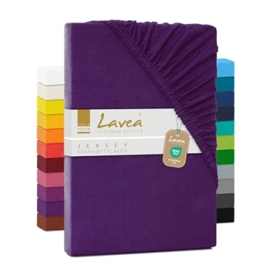Abbildung von Lavea Spannbettlaken 90x200cm 100x200 aus atmungsaktiver Baumwolle Passgenau für Standardmatratzen bis 20cm Dunkellila Bettlaken mit Gummizug Jersey Spannbetttuch