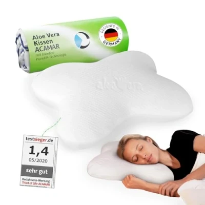 Abbildung von Orthopädisches Seitenschläfer Kissen ACAMAR mit Aloe Vera Bezug HWS Nackenstützkissen Ergonomischer Memory Foam gegen Nackenschmerzen Wellnesskern Bambus Aktivkohle Aktive Hautpflege