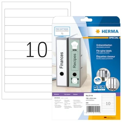 Abbildung von HERMA 5119 Ordnerrücken Etiketten kurz, 25 Blatt, 192 x 25,4 mm, 10 pro A4 Bogen, 250 Stück, selbstklebend, bedruckbar, blickdicht, blanko Papier Ordneretiketten Rückenschilder Aufkleber, weiß