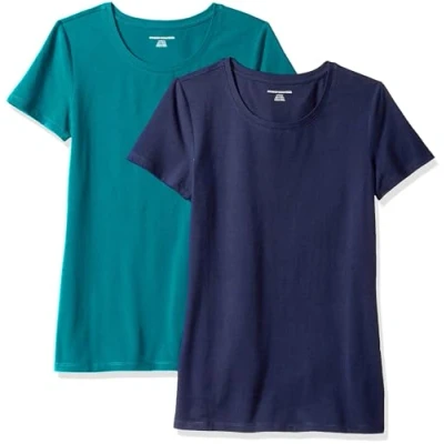 Abbildung von Amazon Essentials Damen T Shirt mit kurzen Ärmeln und Rundhalsausschnitt in normaler Passform, 2er Pack, Blaugrün/Marineblau, XXL