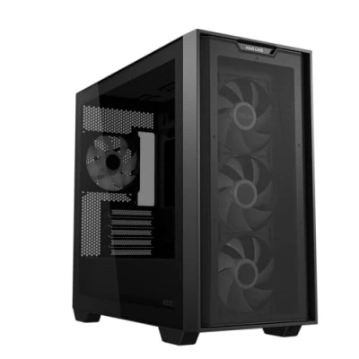 Abbildung von ASUS A21 Plus TG ARGB Black microATX PC Gehäuse (vorinstallierte Lüfter, Mesh Frontpanel, kompatibel mit Mainboards versteckten Anschlüssen, 360 mm Radiatoren, 380 Grafikkarten, schwarz)