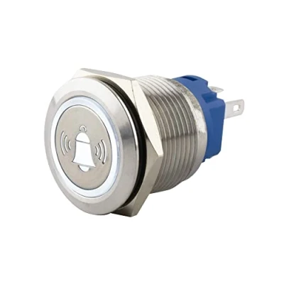 Abbildung von SeKi Edelstahl Drucktaster Ø19mm tastend flacher Kopfform farbig beleuchtetem Glocken Symbol in weiss Lötösen / Flachstecker 0,5x2,8 Anschluss; Klingeltaster