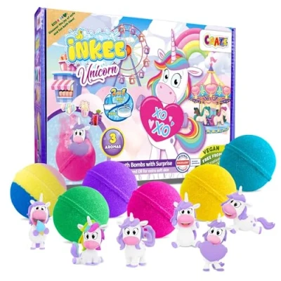 Abbildung von INKEE Geschenkbox Unicorn Box mit 6 Badebomben für Kinder Überraschung, Badekugeln Einhornfiguren in verschiedenen Farben