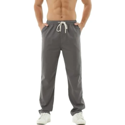 Abbildung von HOEREV Men Casual Strandhosen Leinen Hose Gr. L (Taille 36 38 zoll), Dunkelrot