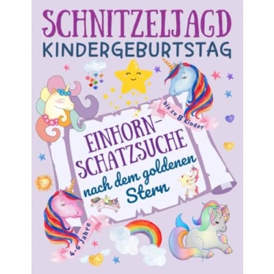 Abbildung von Schnitzeljagd Kindergeburtstag: Einhorn Schatzsuche nach dem goldenen Stern: Komplettset mit Schatzkarte, Rätseln, Einladungen, Urkunden und Deko ... 4 Jahre, bis zu 8 Kinder (Partyspiele Kinder)