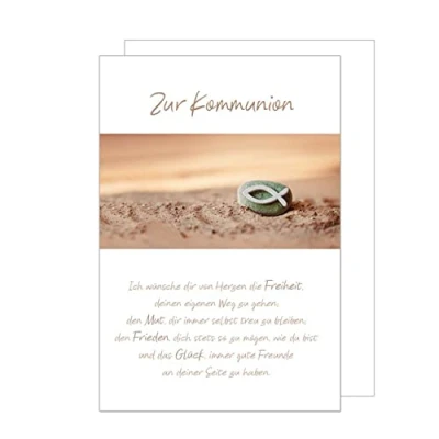Abbildung von Edition Seidel Premium Glückwunschkarte zur Kommunion mit Umschlag. Kommunionskarte Spruch Karte Grusskarte Stein Fisch Junge Mädchen (KO268 SW022)