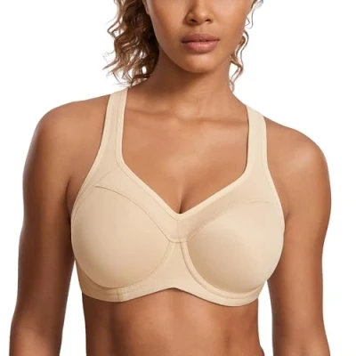 Abbildung von SYROKAN Damen Sport BH Starker Halt Bügel Push Up Ringerrücken Gepolstert Fitness Beige 90C