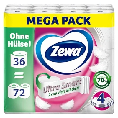 Abbildung von Zewa Ultra Smart Toilettenpapier Großpackung, 36 Rollen á 280 Blatt, Riesenrolle, 4 lagig, hell