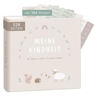 Abbildung von mintkind® &quot;Meine Kindheit&quot; Erinnerungsalbum Beige + Sticker Set I deine ersten 10 Jahre Fotoalbum Kinder Geschenke zur Geburt Babybuch zum Eintragen Tagebuch Album Erinnerungsbuch Kind