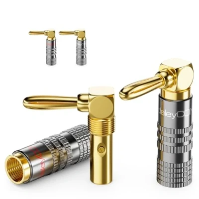 Abbildung von deleyCON 4 Stück Bananenstecker Set 90 Gewinkelt Vergoldet Schraubbar für Lautsprecherkabel Boxenkabel 0,75 mm 4,5 &amp; z. B. HiFi Heimkino Receiver