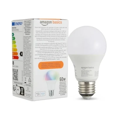 Abbildung von Amazon Basics Smarte A60 LED Glühbirne, farbenwechselnd, E27, 2,4 GHz WLAN, 8 W (entspricht 60 W), funktioniert nur mit Alexa, 1 Stück, Mehrfarbig